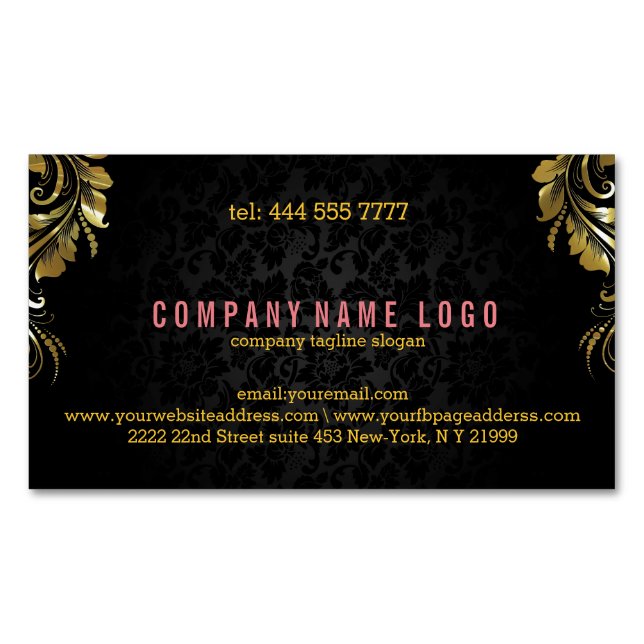 Elegant Black Damasks With Gold Floral Lace 5 Business Card Magnet (Front)