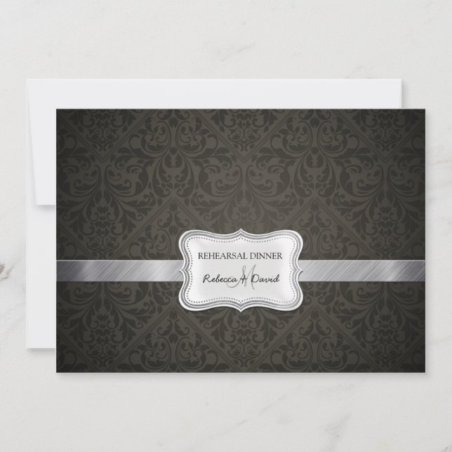 Elegant Black & Dark Gray Damask Rehearsal Dinner Invitation (Front)