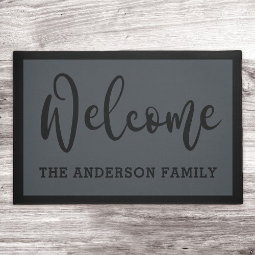 Elegant black dark gray family name welcome doormat