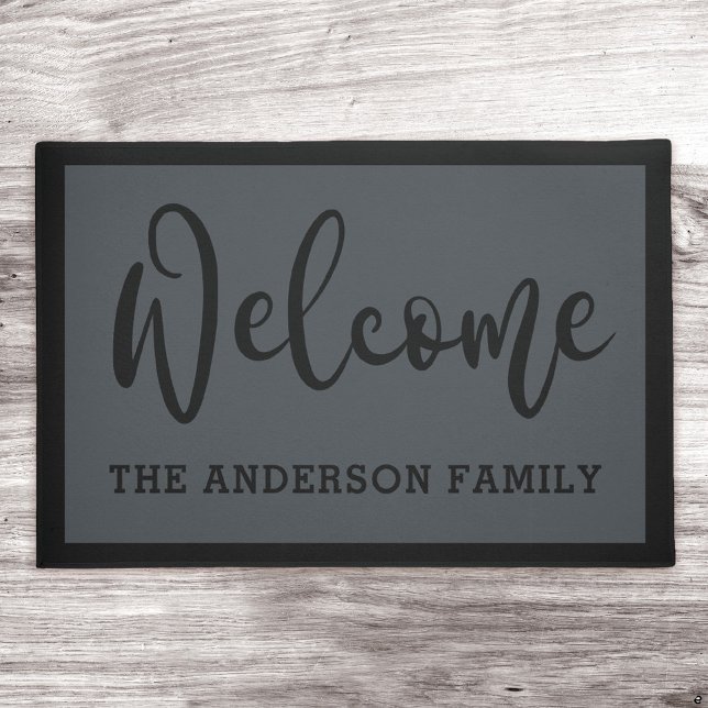 Elegant black dark gray family name welcome doormat (Creator Uploaded)