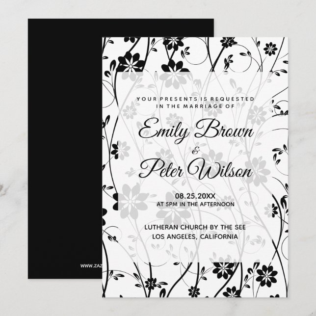 Elegant Black Delicate Flowers Wedding Invitation (Front/Back)