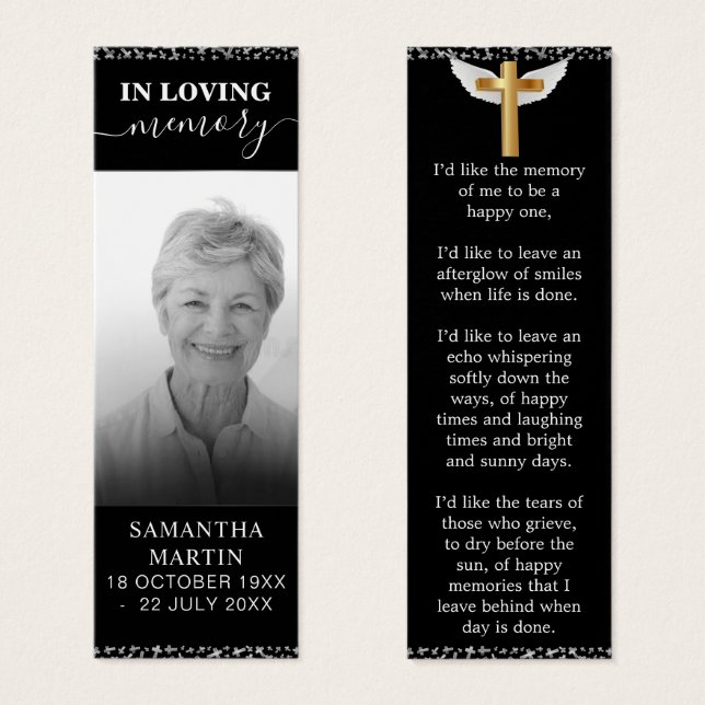 Elegant Black Delicate Memorial Funeral Bookmark (Front & Back)