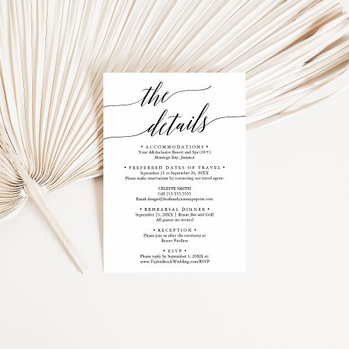 Elegant Black Destination Wedding Travel Details Enclosure Card