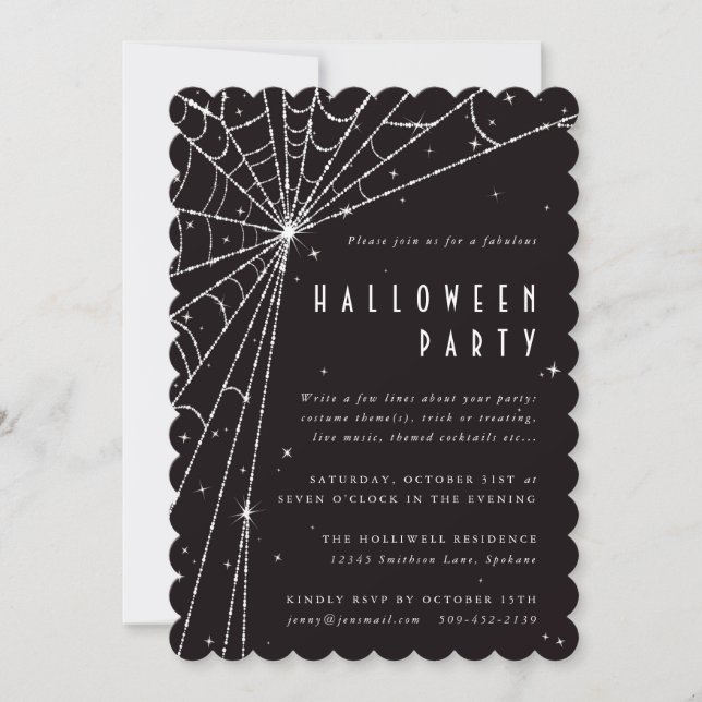 Elegant Black Diamond Spider Web Halloween Party Invitation (Front)