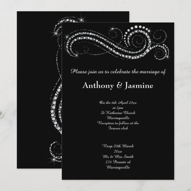 ELEGANT BLACK DIAMOND SWIRL WEDDING INVITATION (Front/Back)