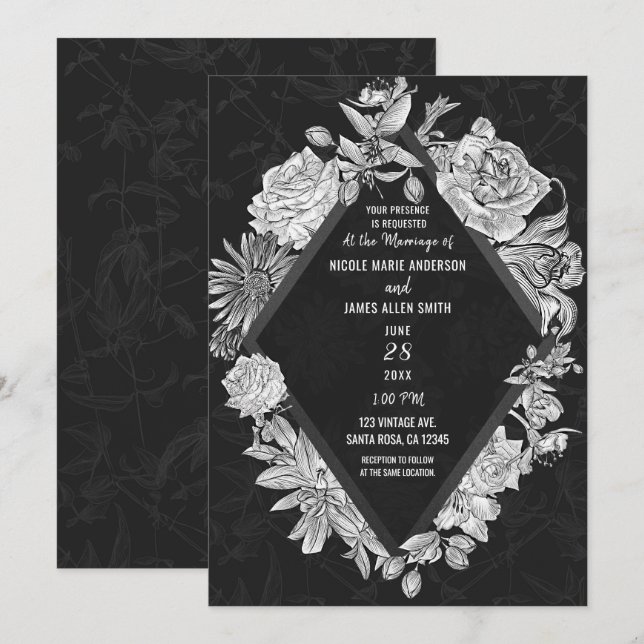 Elegant Black Diamond Vintage Flowers Wedding Invitation (Front/Back)