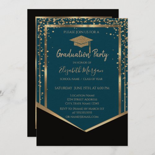 Elegant BlackDiamonds Gold Grad Cap Graduation  Invitation