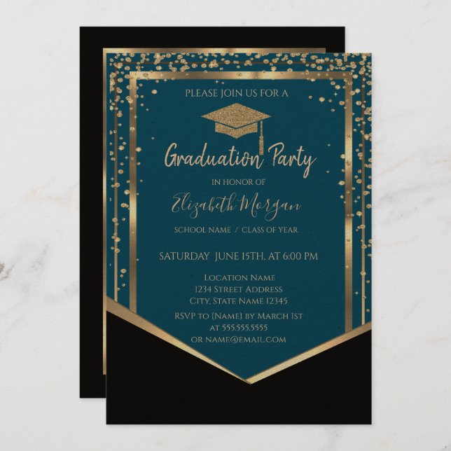 Elegant Black,Diamonds Gold Grad Cap Graduation  Invitation (Front/Back)
