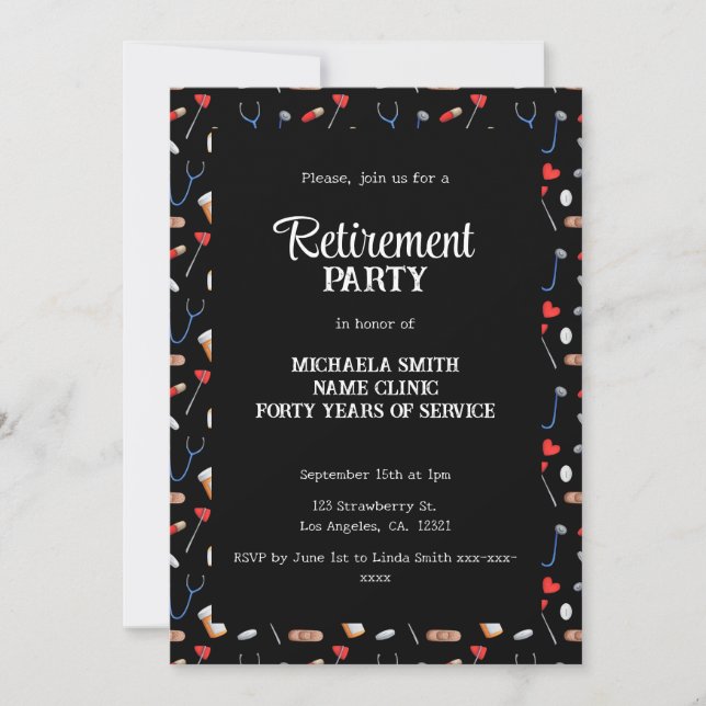 Elegant Black Doctor Nurse Retirement Party Invitation (Front)