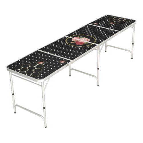 Elegant Black Dots Vintage Floral Roses Girly Beer Pong Table