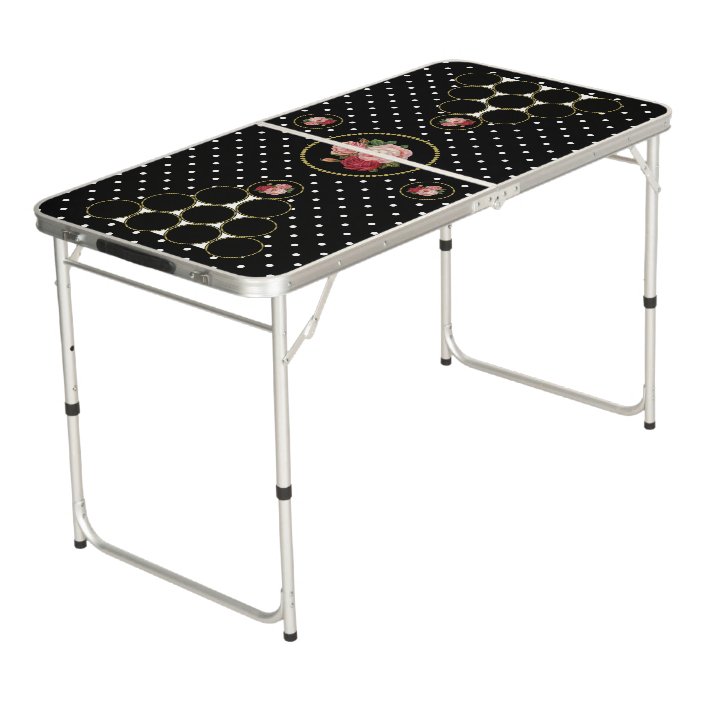Elegant Black Dots Vintage Floral Roses Girly Beer Pong Table