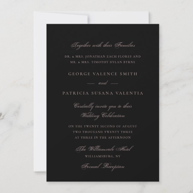 Elegant Black Dramatic Gray Script Wedding Invitation (Front)