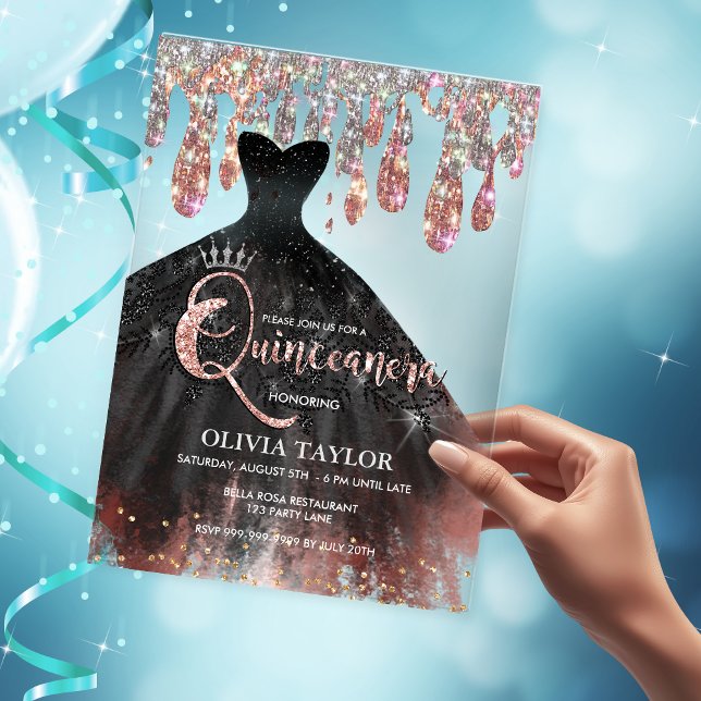 Elegant black dress crystal drips Quinceanera  Acrylic Invitations (Creator Uploaded)