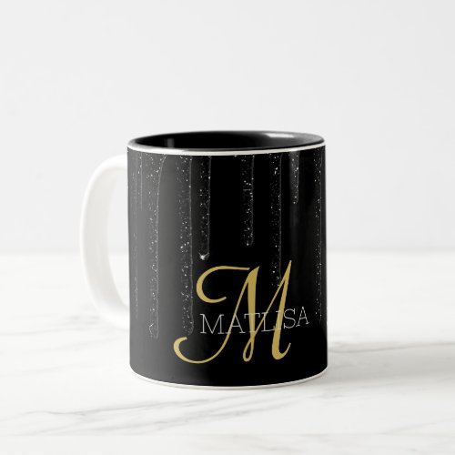 Elegant Black Dripping Glitter Monogram Name  Two_Tone Coffee Mug