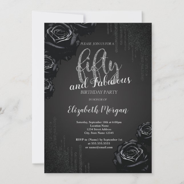 Elegant Black Drips Black Roses 50th Birthday  Invitation (Front)
