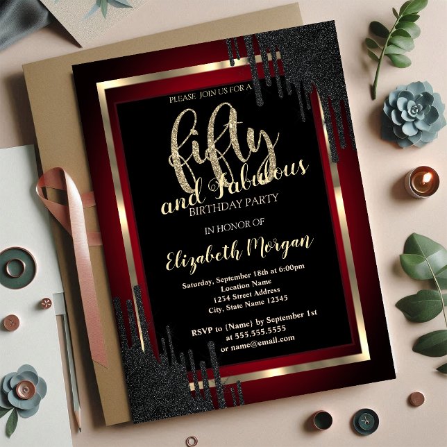 Elegant Black Drips Dark Red 50th Birthday Invitation (Creator Uploaded)