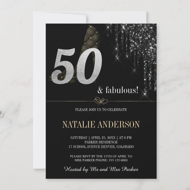 Elegant Black Dripss Silver Glitter 50th  Invitation (Front)