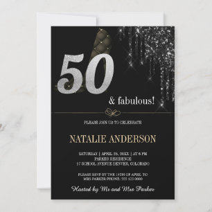 Elegant Black Dripss Silver Glitter 50th  Invitation