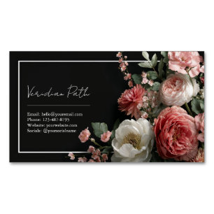 Elegant Black Dusty Rose Peony Floral Business Card Magnet