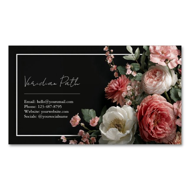 Elegant Black Dusty Rose Peony Floral Business Card Magnet (Front)