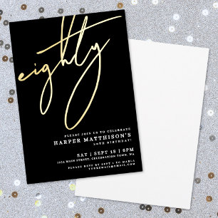 Elegant Black Eighty 80th Birthday Gold Foil Invitation
