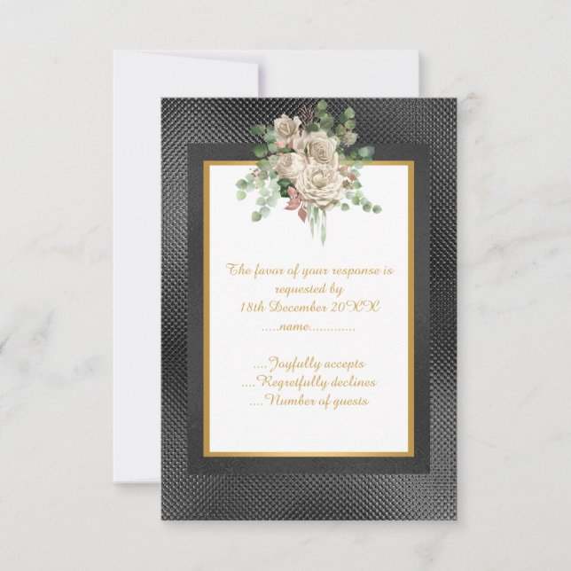 ELEGANT BLACK EMBOSSED LAYER FLORAL CUSTOM RSVP CARD (Front)