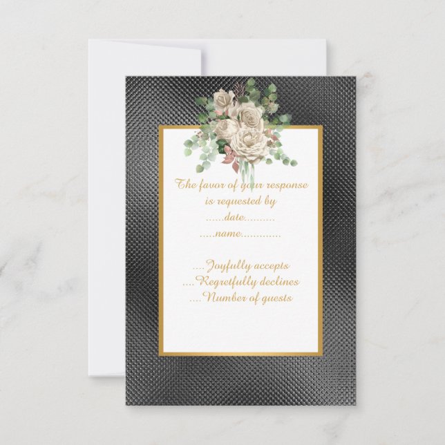 ELEGANT BLACK EMBOSSED WHITE FLORAL CUSTOM RSVP (Front)