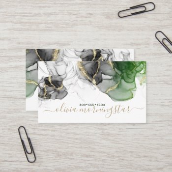Elegant Black Emerald Gold Accent Alcohol Ink Business Card by EleganceUnlimited at Zazzle