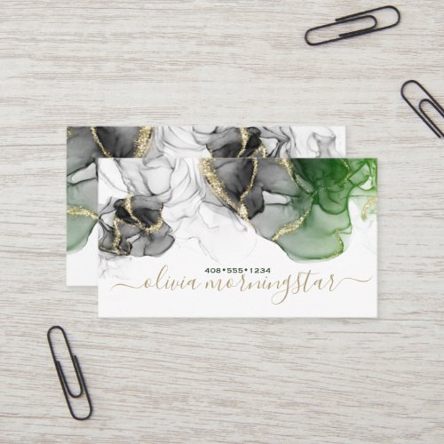 Elegant Black Emerald Gold Accent Alcohol Ink Business Card