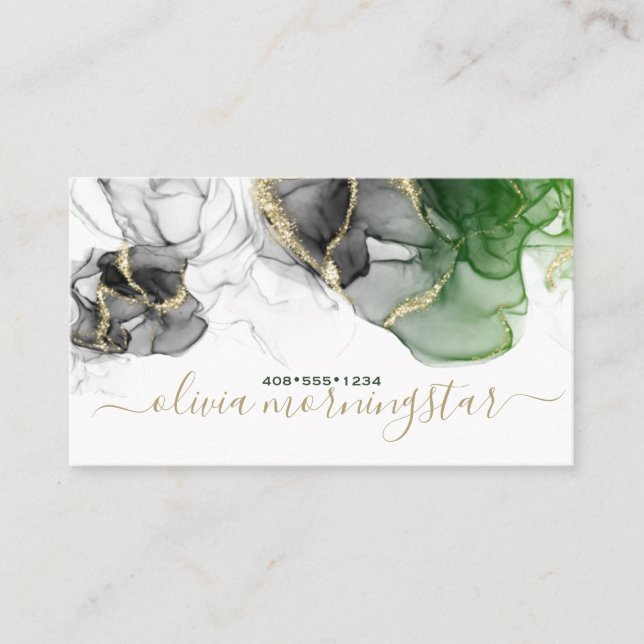 Elegant Black Emerald Gold Accent Alcohol Ink Business Card (Front)