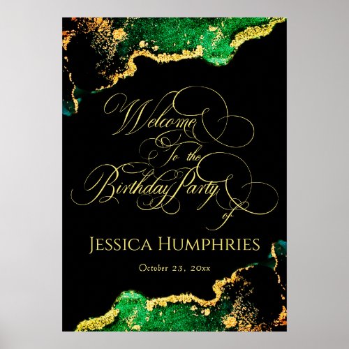 Elegant Black Emerald Gold Birthday Welcome Poster