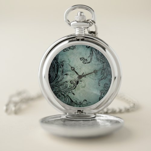 Elegant Black Engraved Baroque Swirls on Blue Pocket Watch