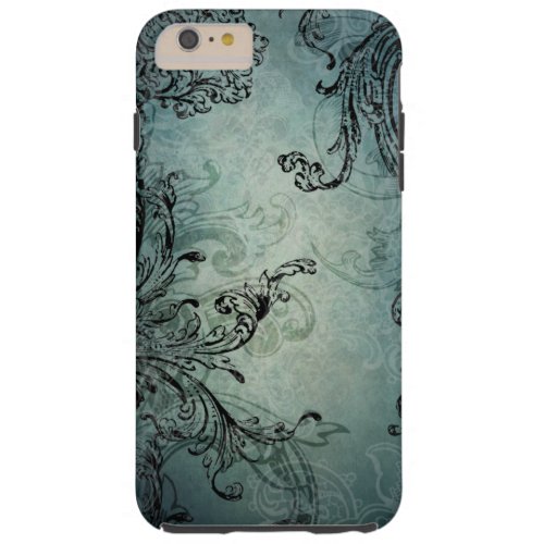 Elegant Black Engraved Swirls on Blue Tough iPhone 6 Plus Case