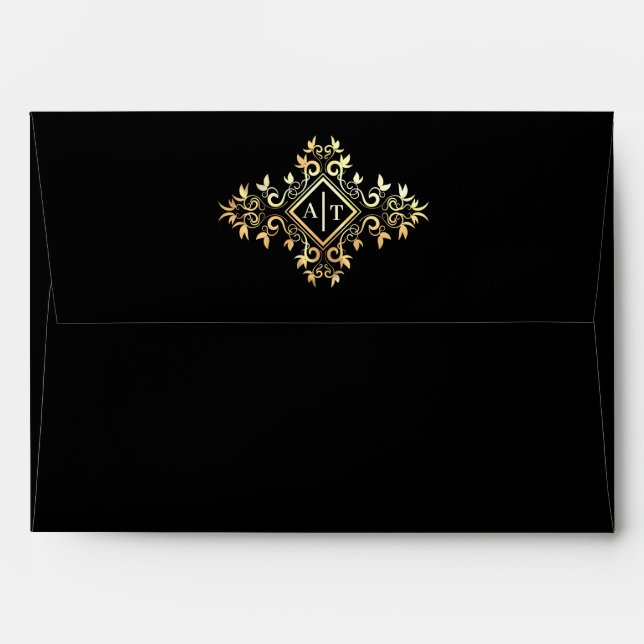 Elegant Black Envelope with Gold Monogram (Back (Top Flap))