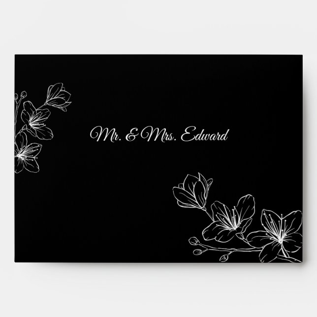 Elegant Black Envelope with White Floral Line Art (Front)