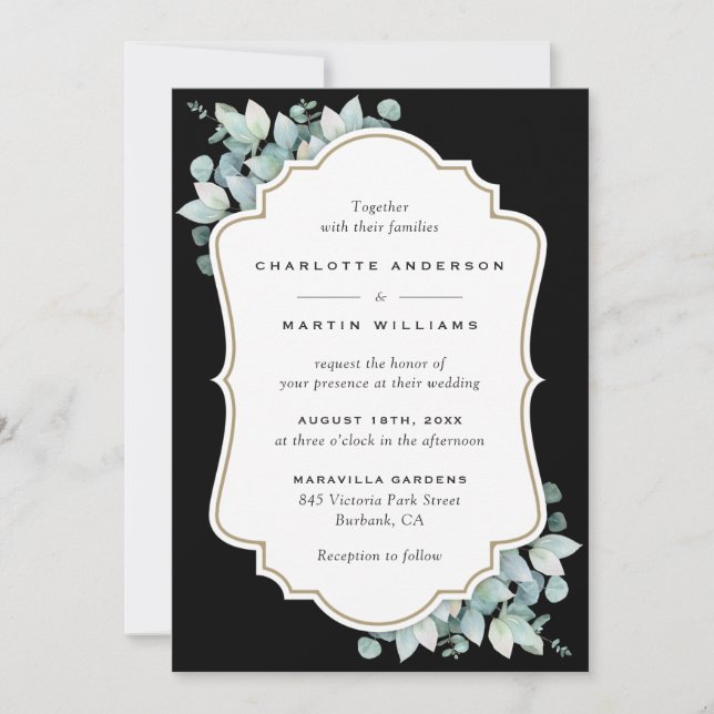 Elegant Black Eucalyptus Greenery Wedding Invitation (Front)