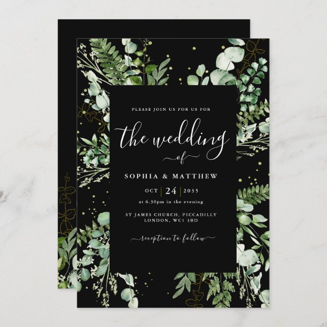 Elegant Black & Eucalyptus Wedding Invitation (Front/Back)