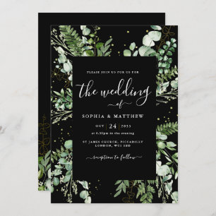 Elegant Black & Eucalyptus Wedding Invitation