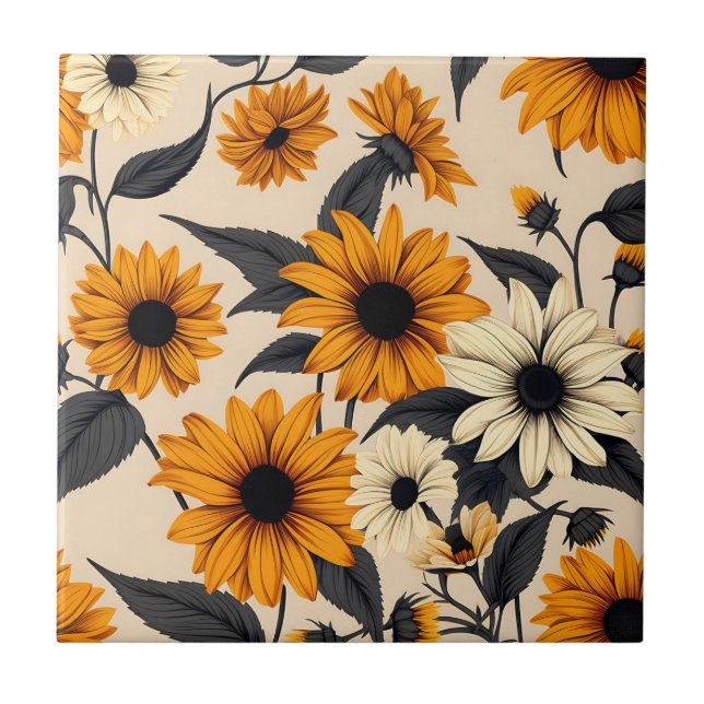 Elegant Black-Eyed Susans On Brown Ceramic Tile (Front)