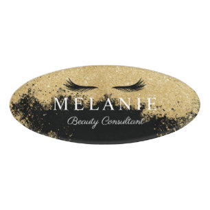 Elegant Black Eyelash Gold Glitter Cosmetologist Name Tag