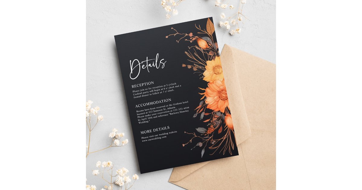 Elegant Black Fall Floral Watercolor Wedding Enclosure Card | Zazzle