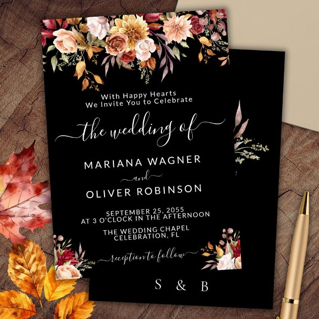 Elegant Black Fall Floral Wedding Invitation (Creator Uploaded)