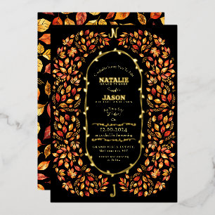 Elegant Black Fall Leaves Rustic Boho Wedding Foil Invitation