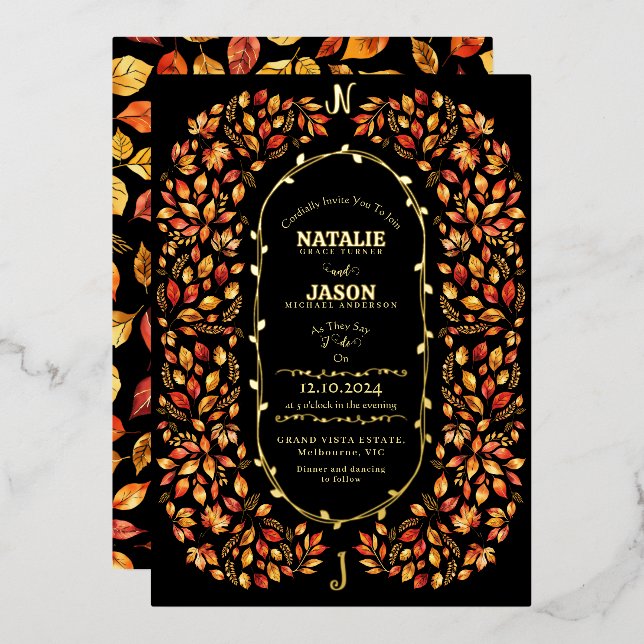 Elegant Black Fall Leaves Rustic Boho Wedding Foil Invitation (Front/Back)