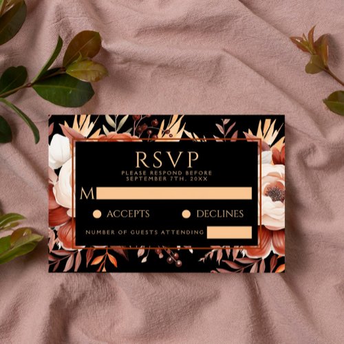 Elegant Black Fall Terracotta Floral Boho Wedding  RSVP Card
