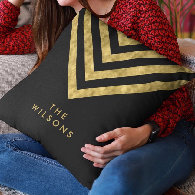Elegant Black Family Name Chevron Pattern Throw Pillow (Creator Uploaded)