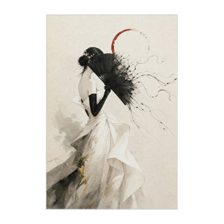 Elegant Black Fan Woman Watercolor Wall Art