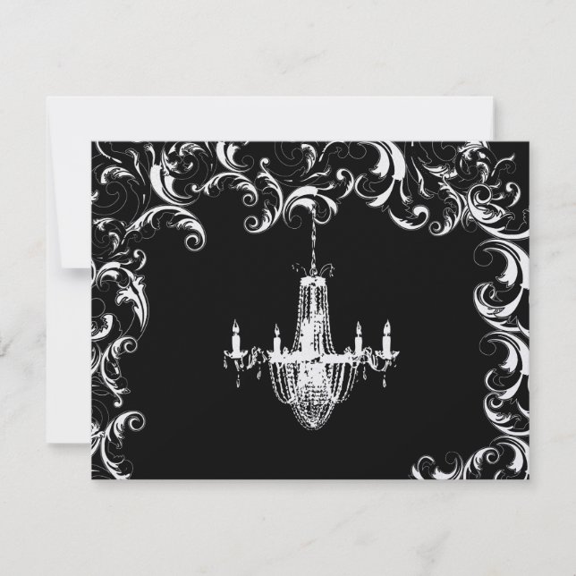 Elegant Black Fancy Swirl Chandelier Wedding RSVP Card (Front)