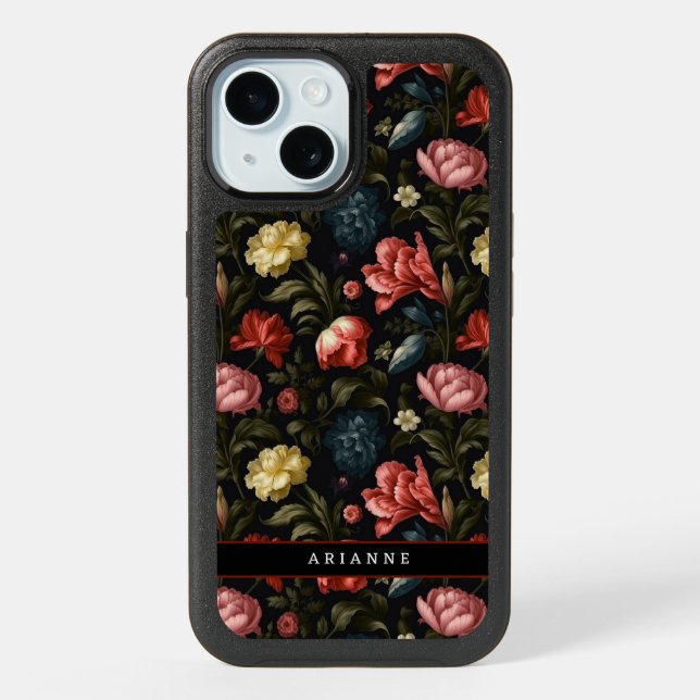Elegant Black Fantasy Floral Personalized iPhone 15 Case (Back)