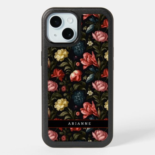 Elegant Black Fantasy Floral Personalized iPhone 15 Case